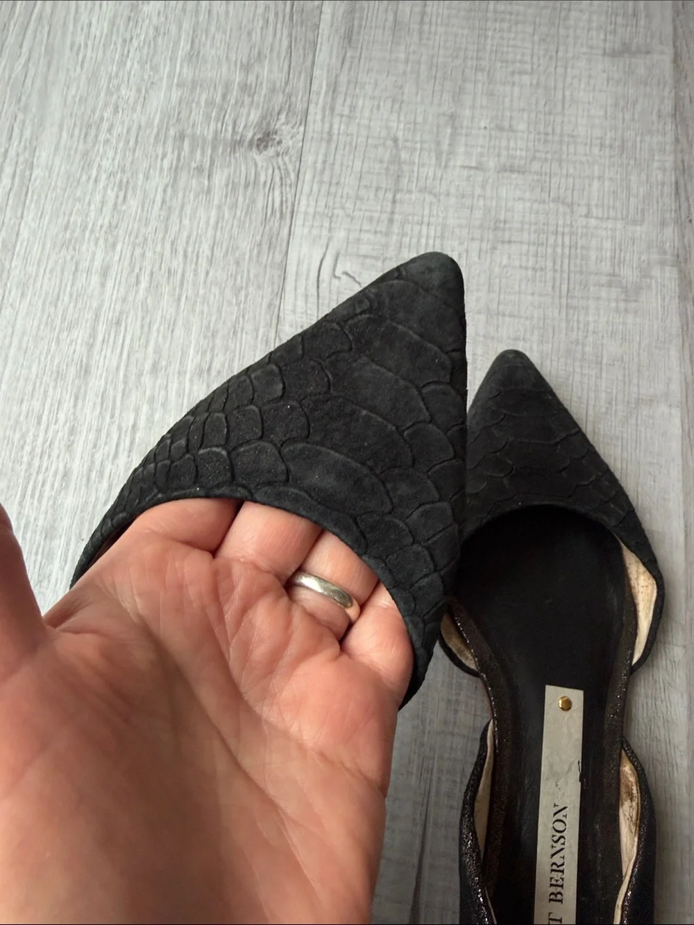Matt Bernson Black Pointed D'Orsay Flats with Textured Upper, Size 6.